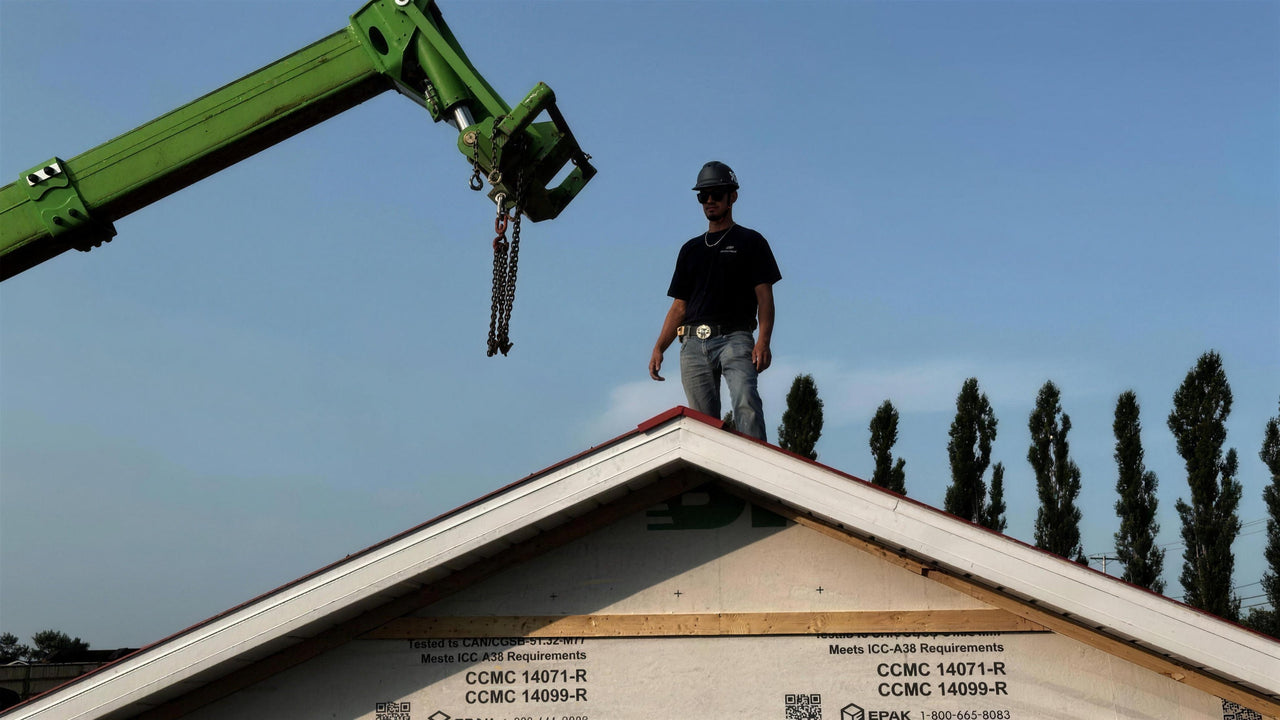 Ouvrier sur le pignon d'un cabanon Proconex